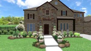 Sol Vida Landscaping design of front entryway for Frisco resident featuring potted plants, stone flower bed borders and Crape Myrtle tree.